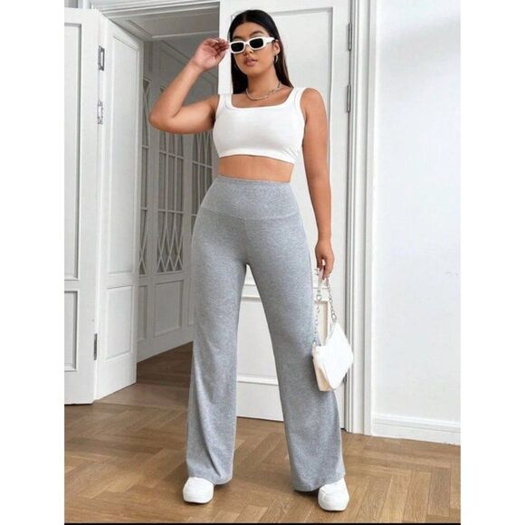 Shein Curve Womens High Waist Pants 1XL Gray Flare Pants Athleisure Casual Chic - Picture 1 of 9